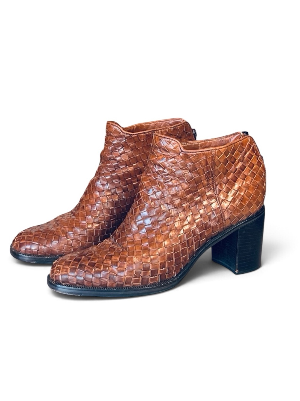 Cole Haan Women’s Sz 8 Brown Woven Basket Weave Leather Ankle Boots Booties